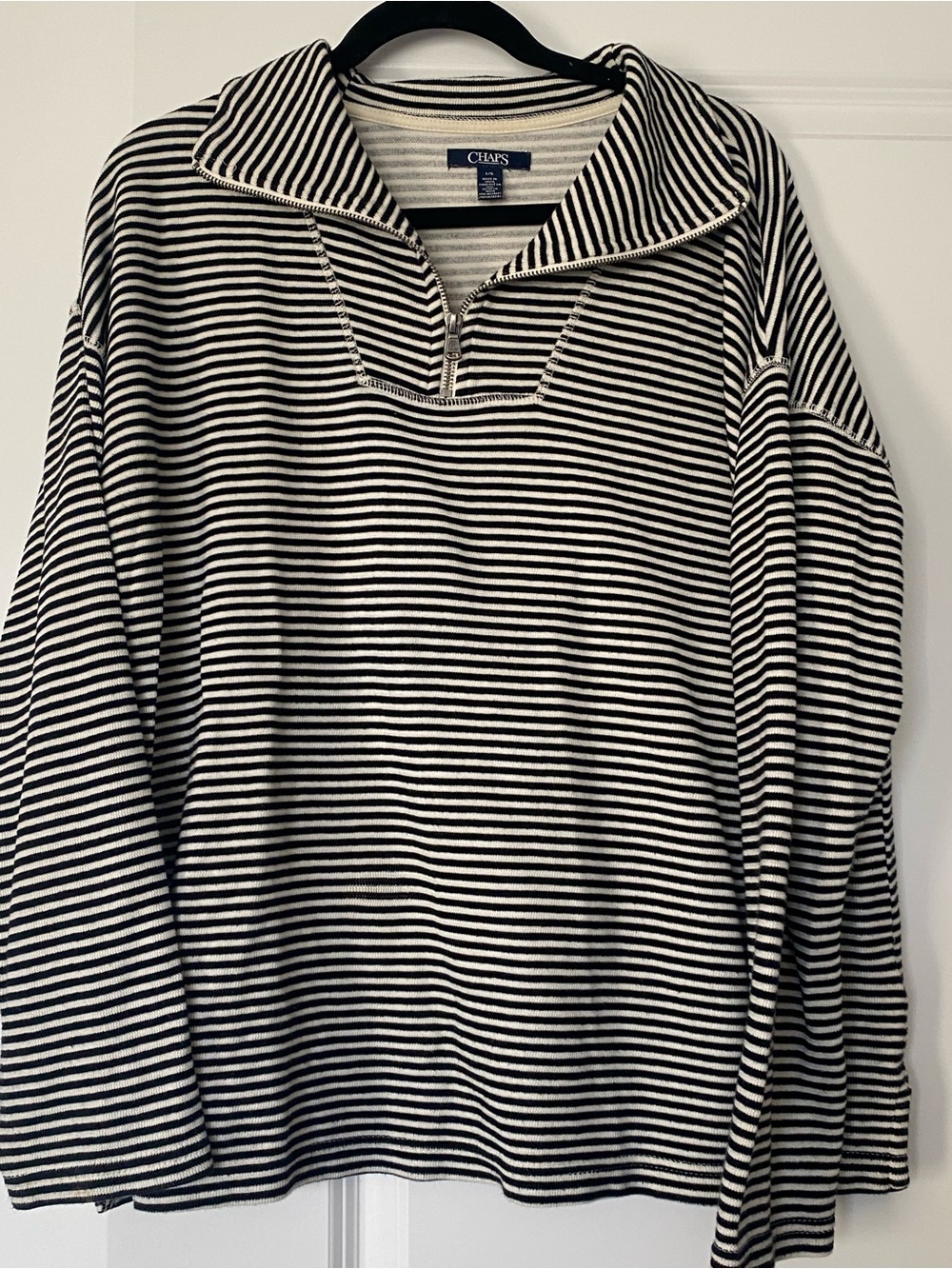 Chaps Black & White Striped Quarter-Zip Pullover